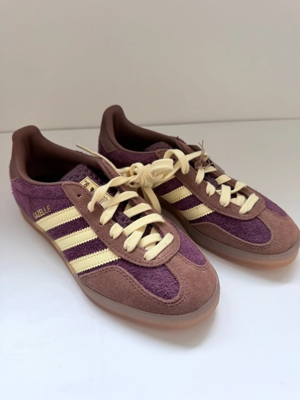 Adidas Gazelle Indoor Plum Burgundy Suede Terry Sneakers Cream Stripes - 5 US - Picture 11 of 11
